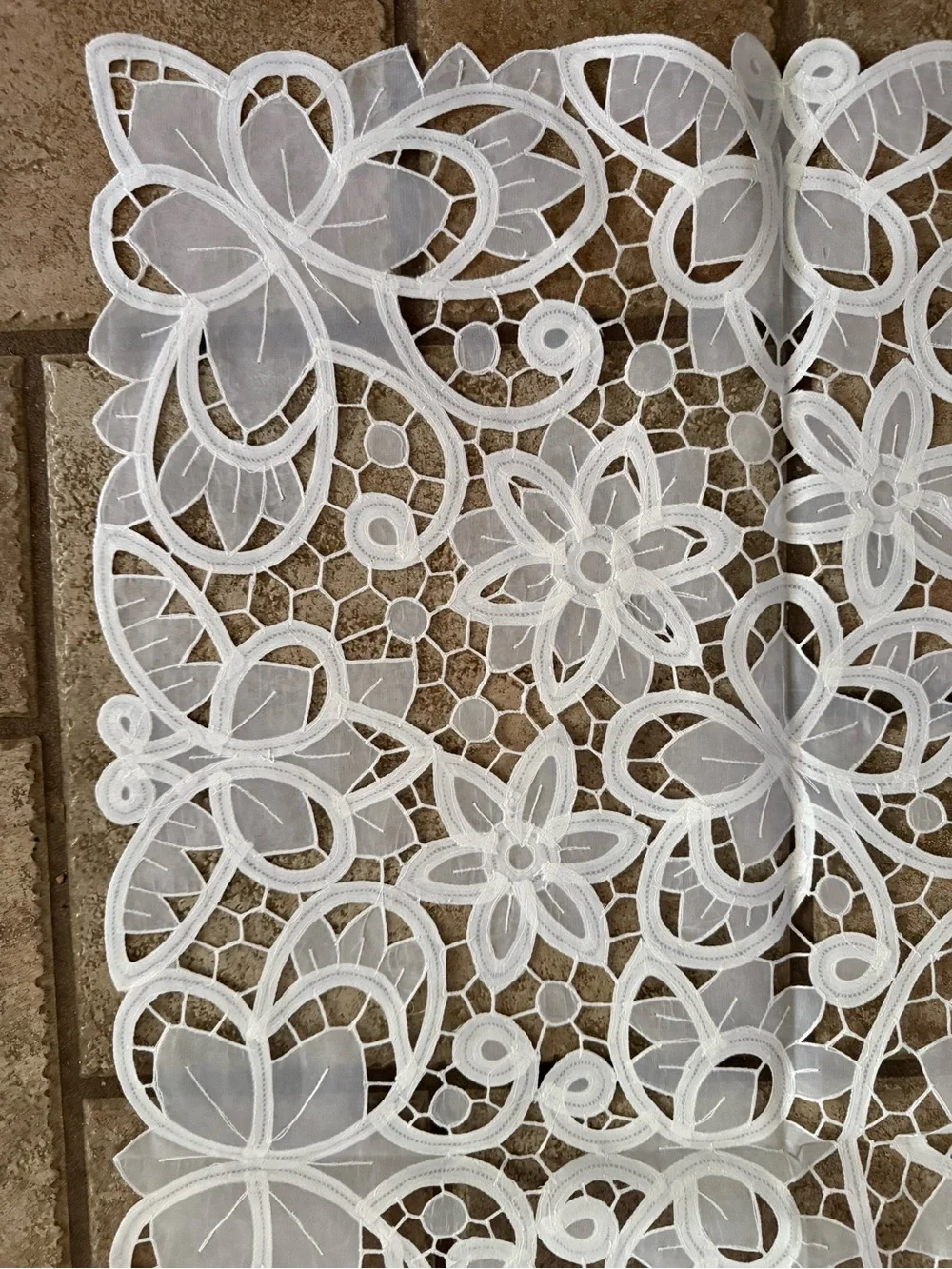 Battenberg Like Lace Tablecloth with Silk & Embroidered Lace - 34”square. Mint.